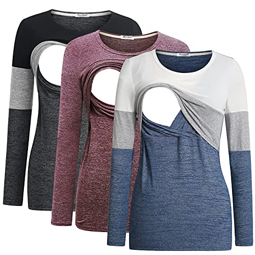 Bearsland Women's Packs Maternity Clothes Long Sleeves Breastfeeding Shirts Nursing Top,blkgry+gryblu+red,s