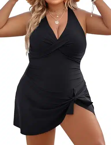 Blooming Jelly Womens Plus Size Swim Dress Swimsuit One Piece Tummy Control Bathing Suits Swim Skrit (X Large, Black)
