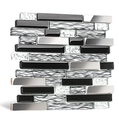 Blujellyfish Glass Metal Tiles Art Mosaic Silk Black Crystal Glass Chrome Silver Steel Accent Wall Border Kitchen Bath Backsplash Tile TSTNB(Square Feet)