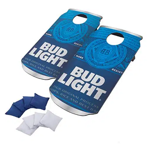 Bud Light Cornhole Outdoor Game Set, ooden Anheuser Busch Can Shaped Corn Hole Toss Boards with Bean Bags, BlueWhite, xx