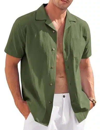 COOFANDY Mens Short Sleeve Button Down Shirts Linen Beach Shirt Holiday Resort Wear (Army Green, X Large)