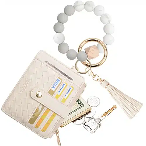 COOLANS Wristlet Bracelet Keychain Pocket Credit Card Holder Purse Tassel Keychain Bangle Key Ring for Women (Silicone Bead Bracelet+Card Purse (Creamy white))