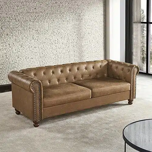 Chesterfield Velvet Sofa Modern Upholstered Sofa Couch Loveseat Classic Tufted Seater for Living Room Bedroom Hoom Office Apartments (Brown)