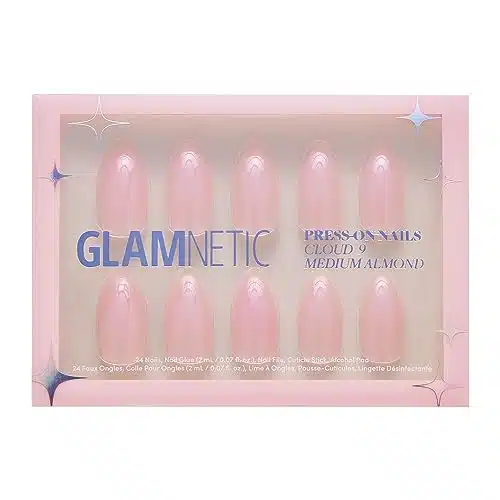 Glamnetic Press On Nails   Cloud  Jelly UV Finish Medium Pointed Almond Shape, Reusable Pink Nail Kit in Sizes, Semi Transparent   Nail Kit with Glue