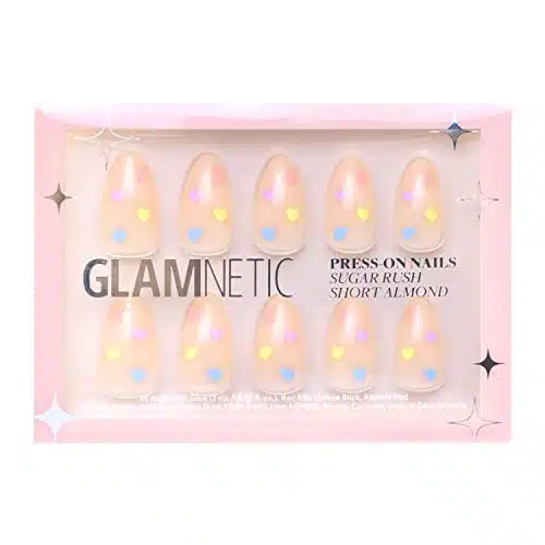 Glamnetic Press On Nails   Sugar Rush  Short Almond, Semi Transparent Nude Nail with Pastel Heart Accents  Sizes   Nail Kit with Glue