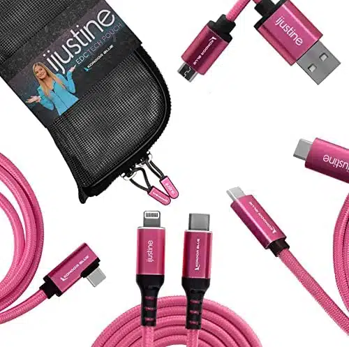 KONDOR BLUE X iJustine Complete Collection  Pink Braided Cable Pack with EDC Tech Pouch for Cable Organization