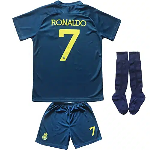 LeenBD Ronaldo No #Away Nassr Riyadh Al Kids Soccer Jersey Kit Shorts Socks Set Youth Sizes (Blue, Years Old)