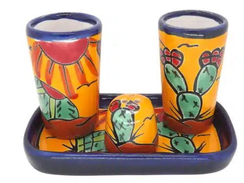 MEXTEQUIL   Authentic Mexican Talavera Tequila Shot Glasses, Salt Shaker with Tray   Set of pieces   Artisanal colorful hand painted   Vaso Tequilero Scotch (Cactus)