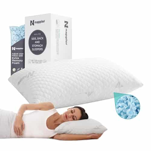 Nappler Side and Back Sleeper Pillow for Neck and Shoulder Pain Relief   Shredded Memory Foam Bed Pillow for Sleeping   % Adjustable Fill   Queen Size   Modal Washable Case. Extra Fill Included