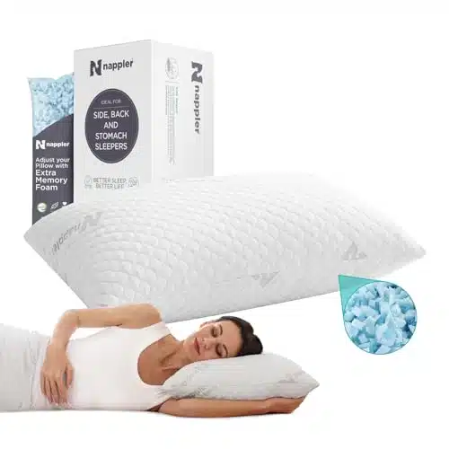 Nappler Side and Back Sleeper Pillow for Neck and Shoulder Pain Relief   Shredded Memory Foam Bed Pillow for Sleeping   % Adjustable Fill   Queen Size   Modal Washable Case. Extra Fill Included