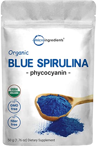 Organic Blue Spirulina Powder (Phycocyanin Extract), Servings   No Fishy Smell, % Vegan Protein from Blue Green Algae, Natural Luminous Food Coloring for Smoothies, Baking, Drinks & Cooking