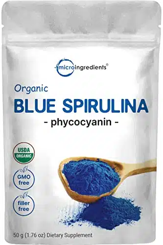 Organic Blue Spirulina Powder (Phycocyanin Extract), Servings   No Fishy Smell, % Vegan Protein from Blue Green Algae, Natural Luminous Food Coloring for Smoothies, Baking, Drinks & Cooking