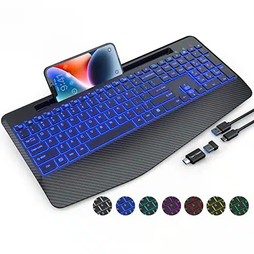 SABLUTE Wireless Keyboard with Colored Backlits, Wrist Rest, G Computer Gaming Keyboard with Phone Holder, Rechargeable Full Size Ergonomic Keyboard with Silent Keys for MacBo