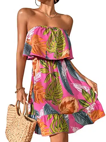 SOLY HUX Women's Floral Summer Beach Casual Sun Dresses Tropical Leaf Print Sleeveless Ruffle Hem Tube Mini Dress HotPink S