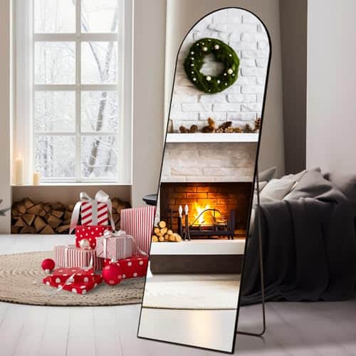 Sweetcrispy Arched Full Length Mirror xFull Body Floor Mirror Standing Hanging or Leaning Wall, Arch Wall Mirror with Stand Aluminum Alloy Thin Frame for Bedroom Cloakroom,Black