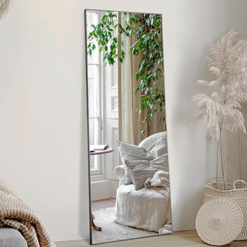 Sweetcrispy Full Length Mirror xFull Body Floor Standing Mirror Hanging or Leaning Against Wall, Tall Wall Mirror with Stand Aluminum Alloy Frame for Bedroom Cloakroom, Black