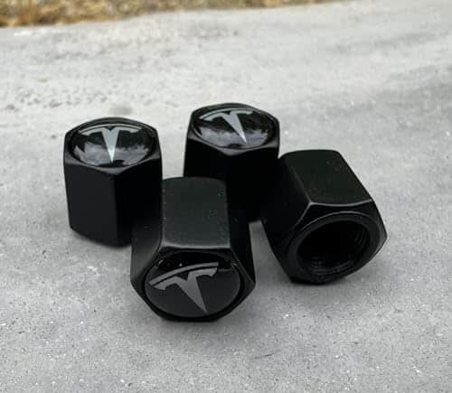 TACTILIAN Car Tire Valve Stem Caps for Tesla Model , S, X, Y Accessories (Pack) Leakproof Aluminum Tire Valve Caps with Rubber O Rings Compatible with Tesla Model Y Accessories