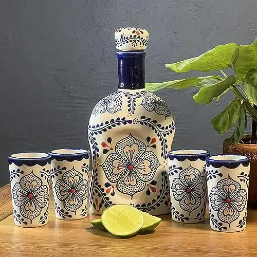 Tequila Decanter, Handmade Tequila Gift Set, Tequila Gifts for Men includes Ceramic Tequila Decanter and Tequila Shot Glasses. Made in Mexico.