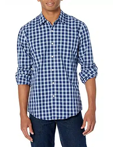 Amazon Essentials Men's Slim Fit Long Sleeve Poplin Shirt, Blue Grey Plaid, Large