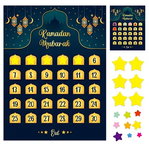 FaCraft Ramadan Calendar Eid Mubarak Countdown Calendar x Ramadan Advent Calendar Posters Eid Gifts for Kids Eid Mubarak Decorations for Home Wall with Star Stickers