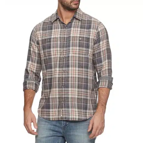 Flag & Anthem Men's Long Sleeve Plaid Shirt, Casual, Cotton Blend, Vintage Soft, Tailored Athletic Fit Large, Mellwood Charcoal Cream