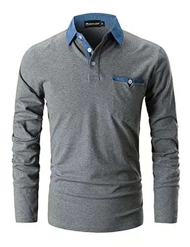 GHYUGR Men's Long Sleeve Polos Casual Tops Denim Splice Golf T Shirt Poloshirts,L,Grey