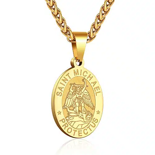 P. BLAKE Gold Plated St. Saint Michael Medal Necklace for Men Boys Stainless Steel Catholic Saint Michael Archangel Pendant Chain