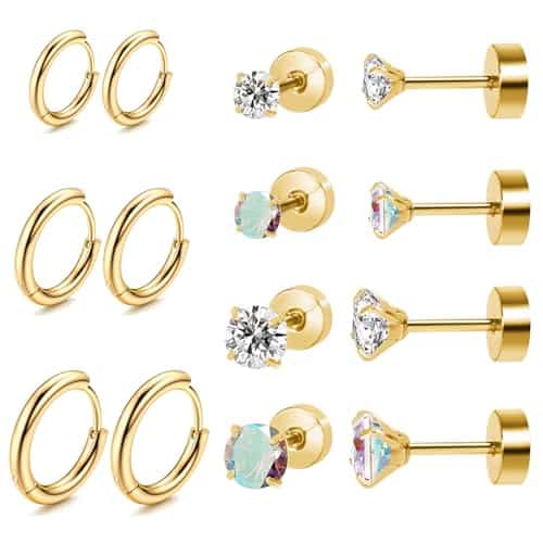 Titanium Earrings for Sensitive Ears, Flat Back Stud Earrings Hoop Earrings Set for Women, Hypoallergenic Surgical Stainless Steel Cubic Zirconia Earrings Stud Earrings Set fo