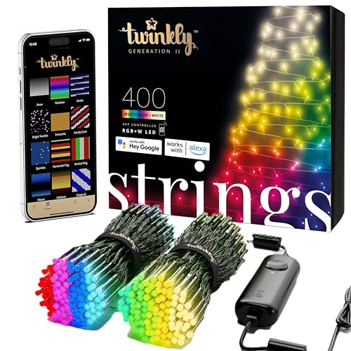Twinkly Strings App Controlled LED Christmas Lights RGB+W (illion Colors + White) ft. Green Wire. IndoorOutdoor Smart Lighting Decoration