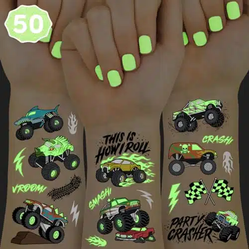 xo, Fetti Glow In The Dark Monster Truck Temporary Tattoos   Foil Styles  Truck Birthday Party Decorations, Boys Pick Up Truck Party Favors, Race Car Temp Tats, Kids Arts and 