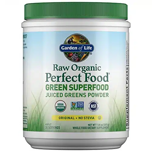 Garden of Life Raw Organic Perfect Food Green Superfood Juiced Greens Powder   Original Stevia Free, Servings, Non GMO, Gluten Free Whole Food Dietary Supplement, Alkalize, De