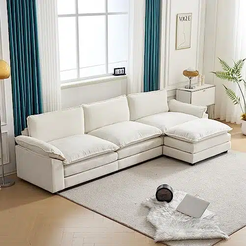 Karl home Sectional Sofa Modern Deep Seat Sofa Couch with Ottoman, Chenille Sofa Sleeper Comfy Upholstered Furniture for Living Room, Apartment, Studio, Office, Beige