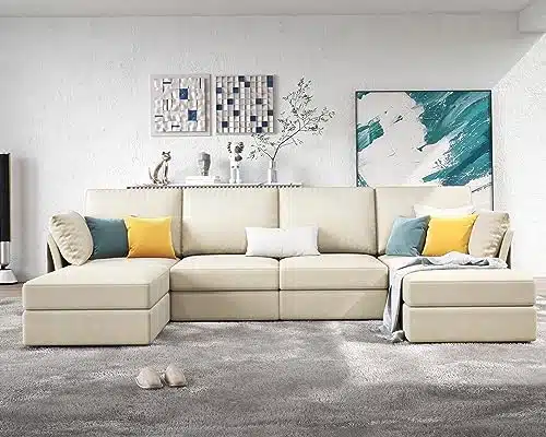 VanAcc Inches Modular Sectional Sofa, Seats U Shaped Sofa with Chaise, Oversized Sectional Sofa with Storage, Ottomans  Chenille Beige