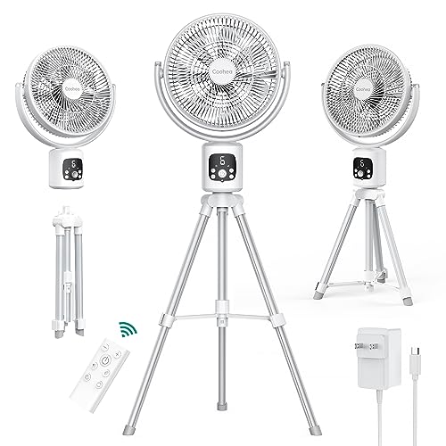 Coohea Oscillating Fan Standing Fan with Detachable Tripod mAh Rechargeable Battery Floor Fan Quiet White Pedestal Fan with Remote for Indoor Outdoor Home Bedroom, Adjustable 