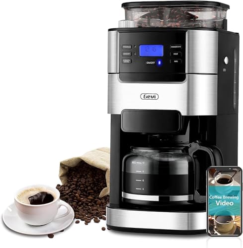 Gevi Cup Coffee Maker with Built in Grinder, Programmable Grind & Brew, L Water Reservoir, Keep Warm Plate Coffee Machine and Burr Grinder Combo